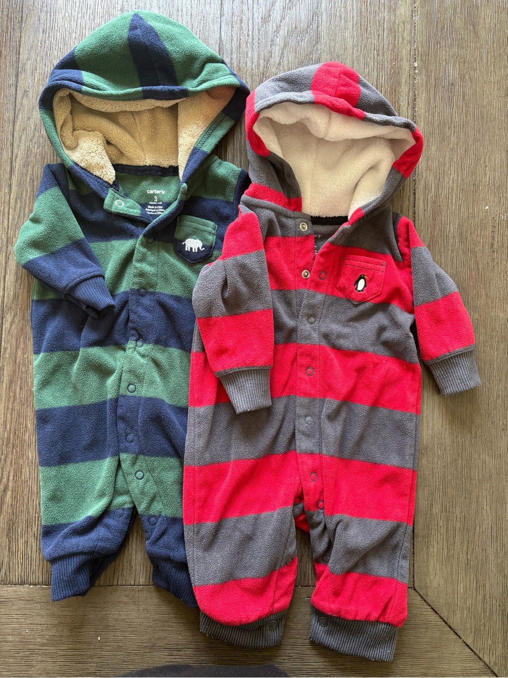 Carter's Set of Fleece Hooded One-Pieces- Red/Grey and Green/Navy